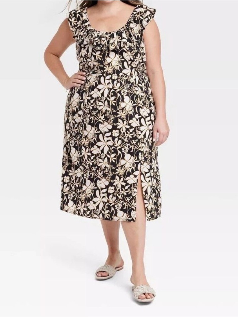 Ava & Viv Linen Blend Ruffle Top Black and Tan Floral Dress Size XX